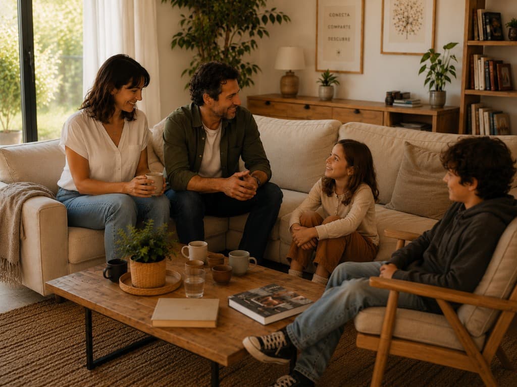 Familia conversando en el salón de casa, en un ambiente cálido y acogedor