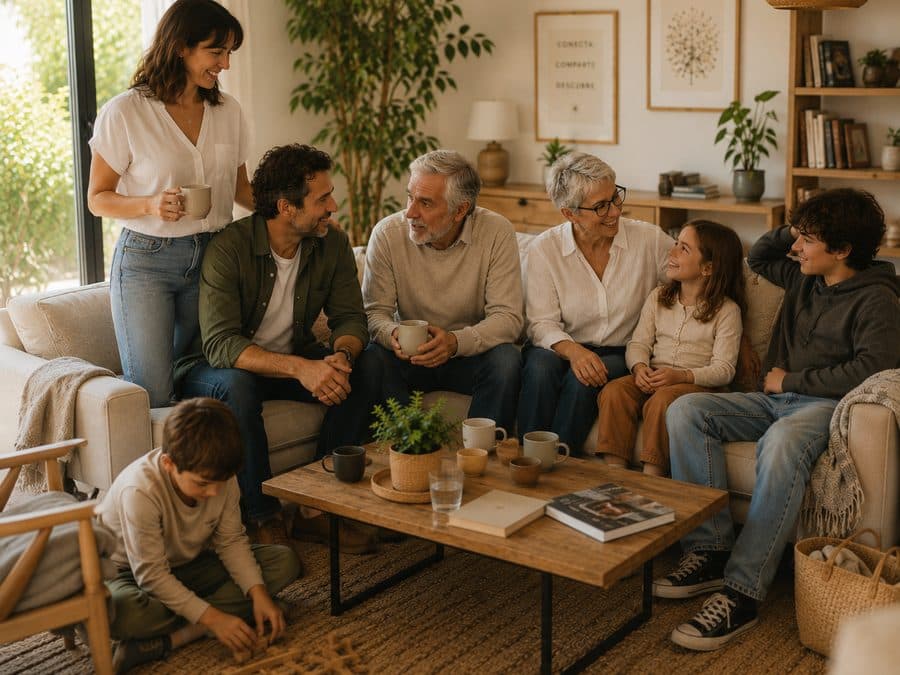 Varias generaciones de una familia conversando en el salón de casa