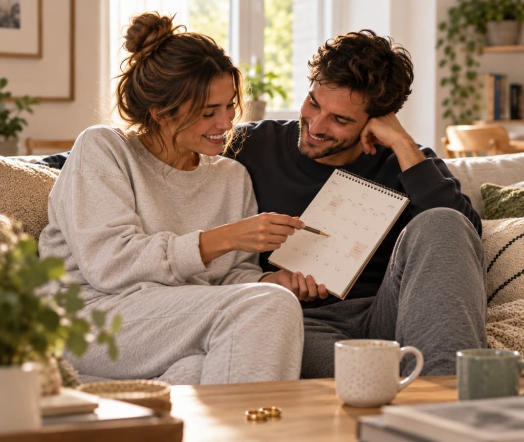 Pareja sonriendo en el sofá mientras señala una fecha en el calendario, con dos alianzas sobre la mesa