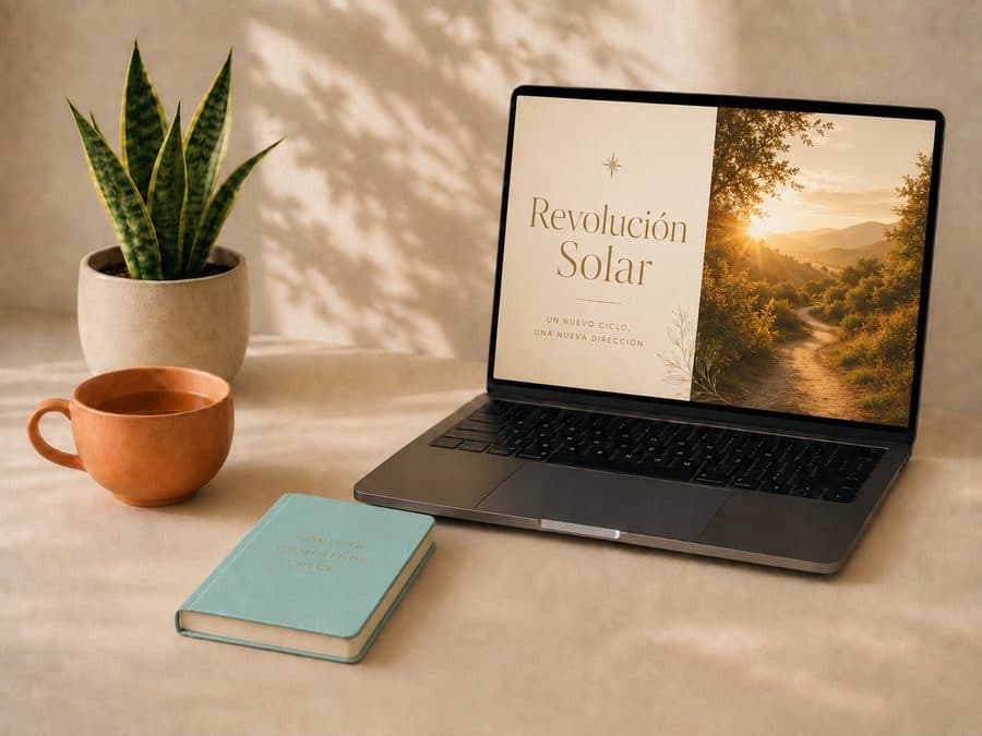 Lectura de revolución solar mostrada en un portátil, en un espacio cálido y luminoso