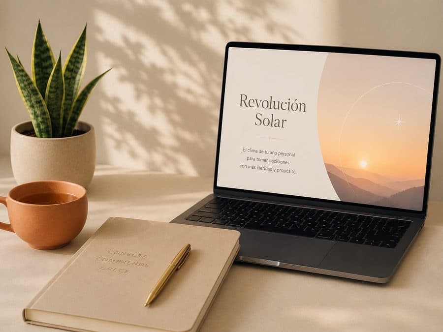 Lectura de revolución solar mostrada en un portátil, en un espacio cálido y luminoso
